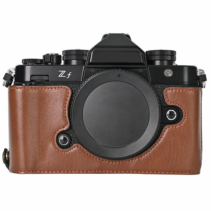 For Nikon Z f Tree Bark Leather Bottom Case Half Camera Cover with Battery Opening - Coffee - 1