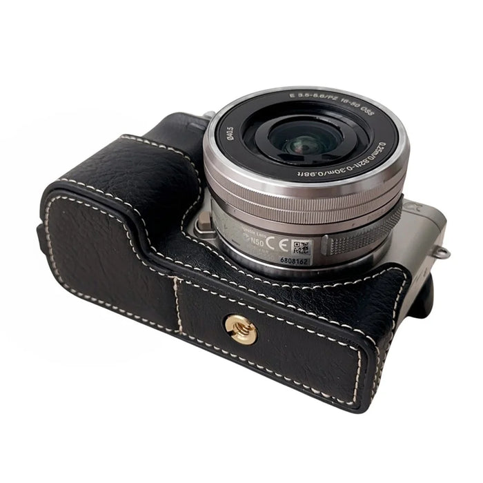 For Sony A6400 / A6300 / A6100 / A6000 PU Leather Camera Bottom Cover Screw Hole Half Body Case - Black - 2