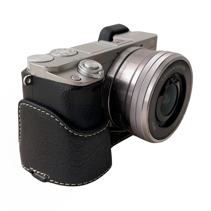 For Sony A6400 / A6300 / A6100 / A6000 PU Leather Camera Bottom Cover Screw Hole Half Body Case - Black - 3