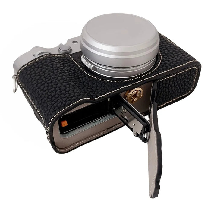 For Fujifilm X100VI Litchi Texture Leather Camera Bag Bottom Case Easy to Replace Battery - Black - 4