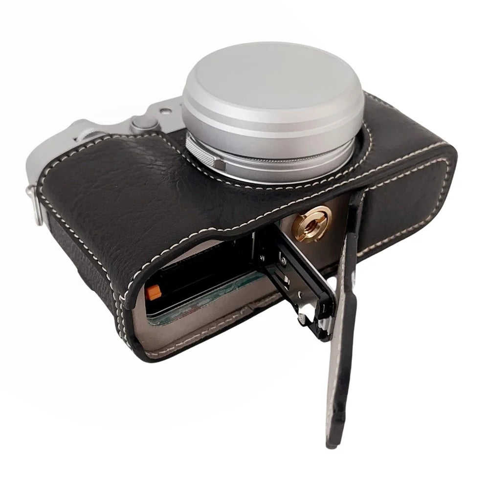 For Fujifilm X100VI Buffalo Texture Leather Camera Bag Bottom Case Easy to Replace Battery - Black - 4