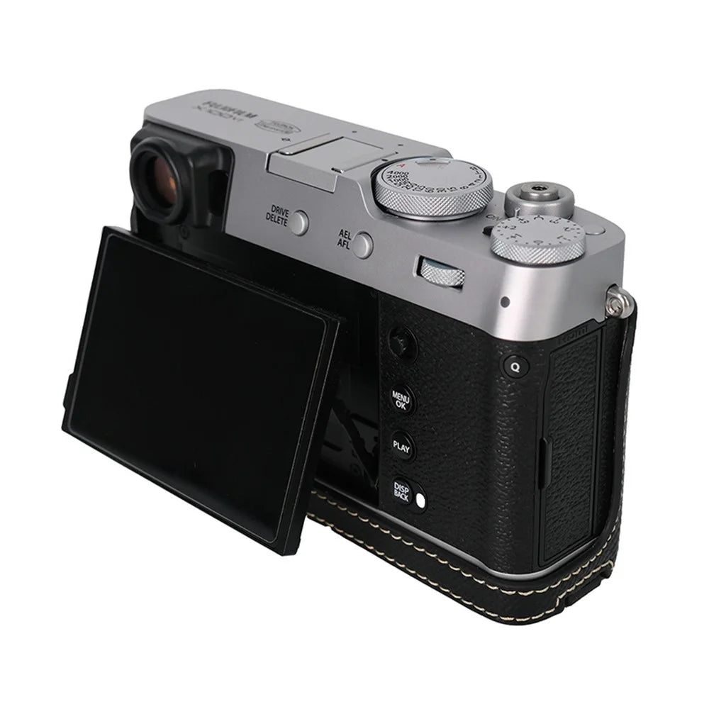 For Fujifilm X100VI Palm Texture Camera Bottom Case Easy to Replace Battery Leather Half Body Bag - Black - 3