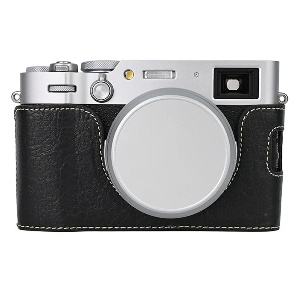 For Fujifilm X100VI Tree Grain PU Leather Camera Bottom Cover Half Body Case with Battery Opening - Black - 1