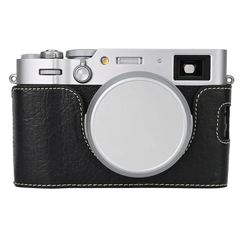 For Fujifilm X100VI Tree Grain PU Leather Camera Bottom Cover Half Body Case with Battery Opening - Black - 1