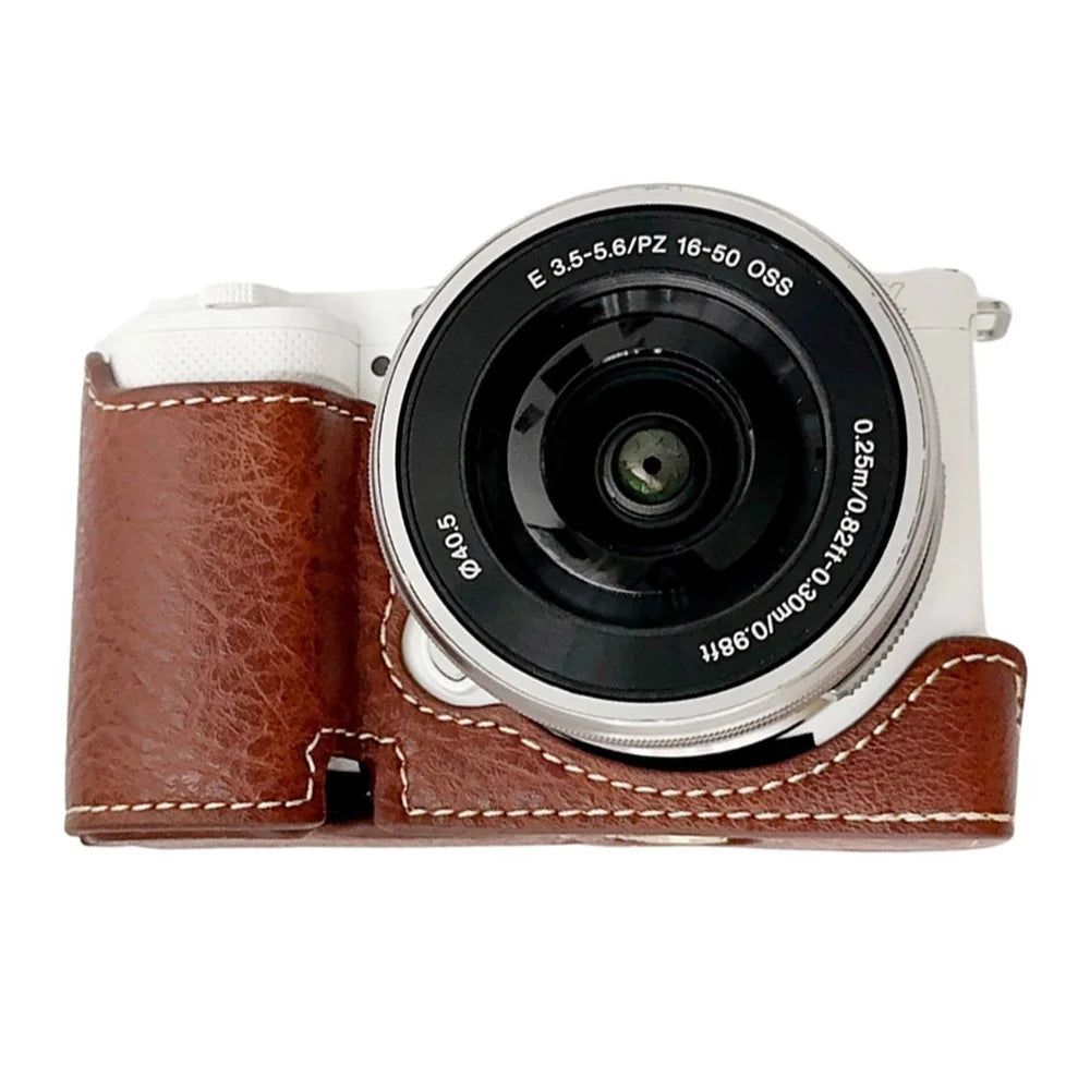 For Sony Alpha ZV-E10 Leather Camera Bottom Cover Buffalo Texture Half Body Case with Battery Opening - Brown - 1
