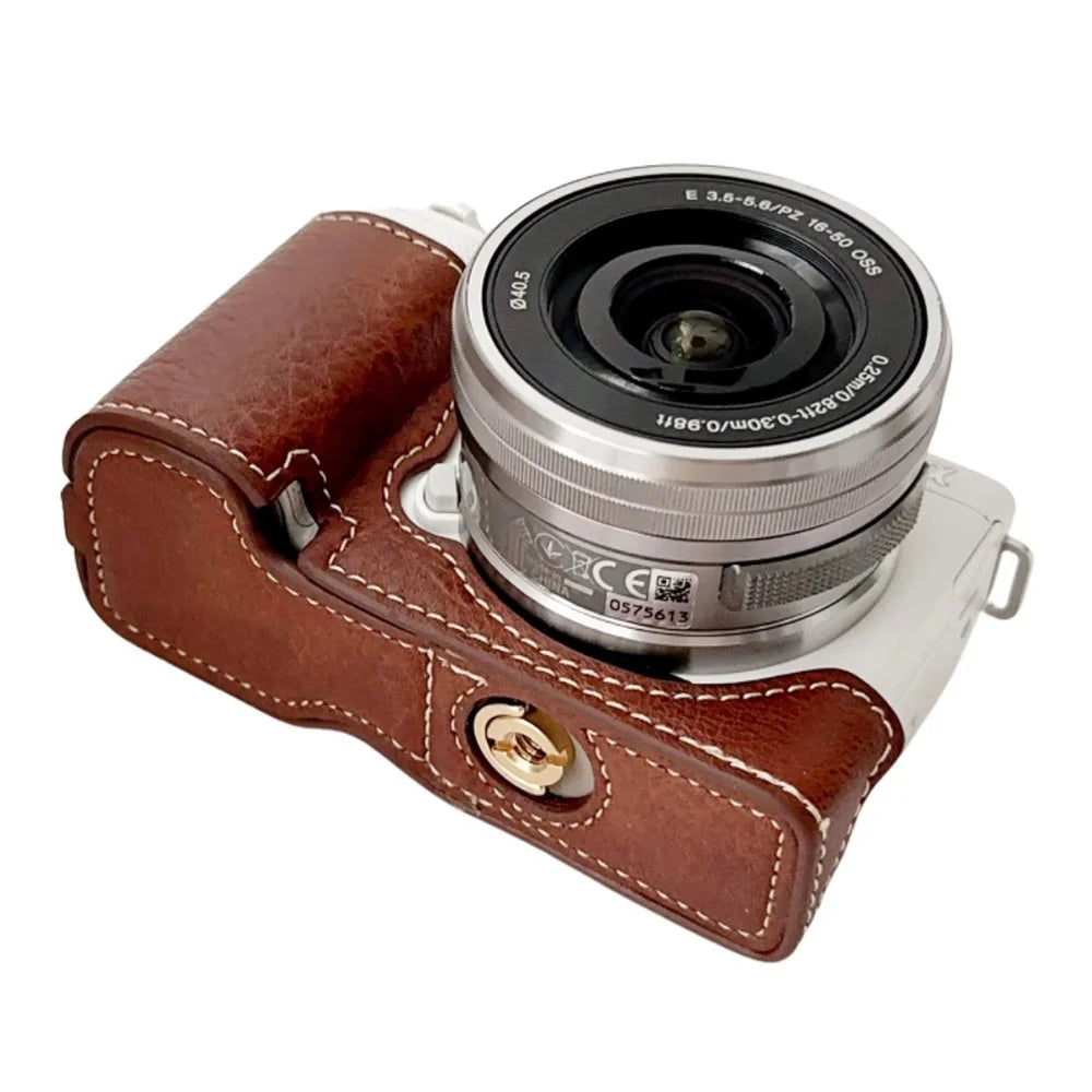 For Sony Alpha ZV-E10 Leather Camera Bottom Cover Buffalo Texture Half Body Case with Battery Opening - Brown - 2
