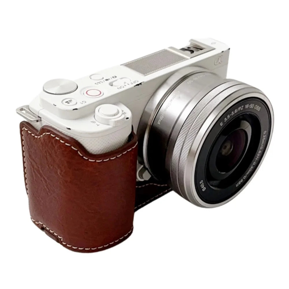 For Sony Alpha ZV-E10 Leather Camera Bottom Cover Buffalo Texture Half Body Case with Battery Opening - Brown - 3