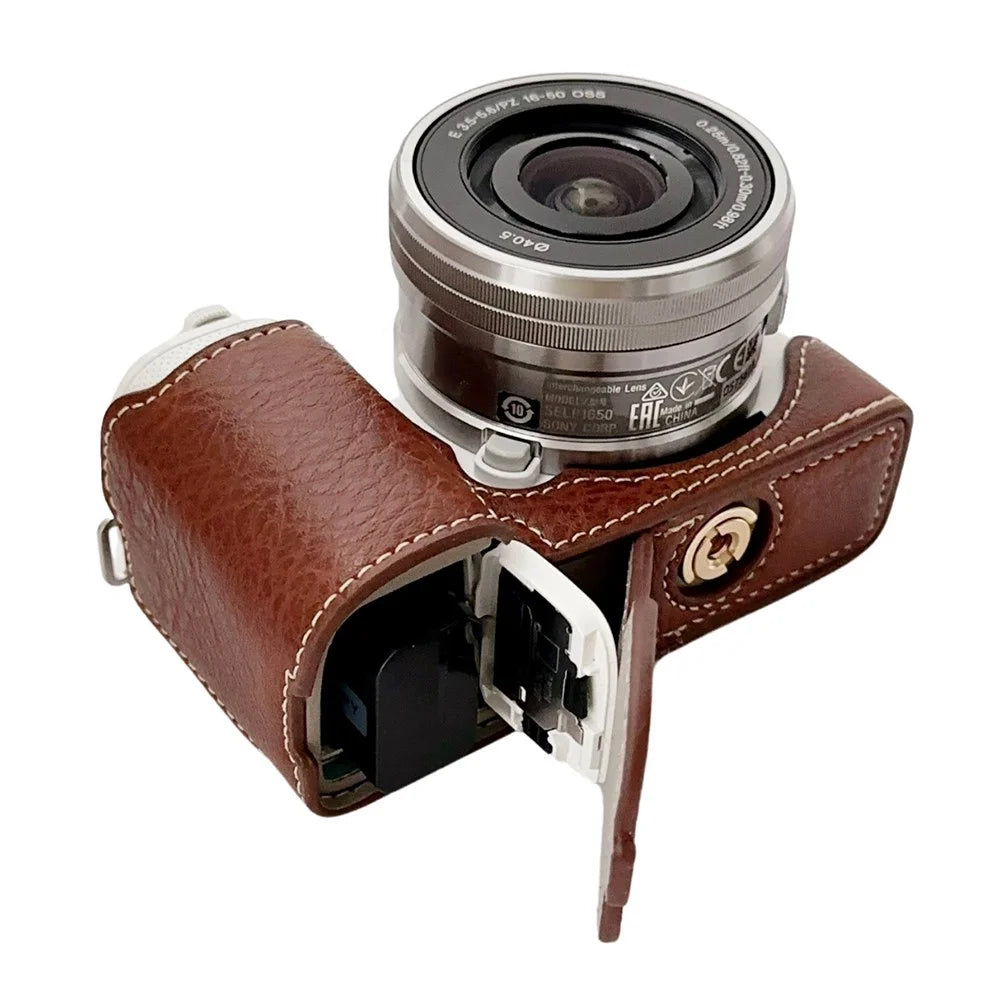 For Sony Alpha ZV-E10 Leather Camera Bottom Cover Buffalo Texture Half Body Case with Battery Opening - Brown - 4