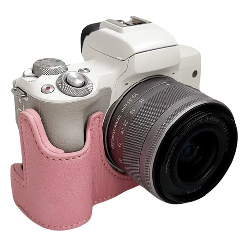 For Canon EOS M50 Mark II /  M50 / M5 Leather Camera Bag Half Body Case with Battery Opening Buffalo Texture- Pink - 1