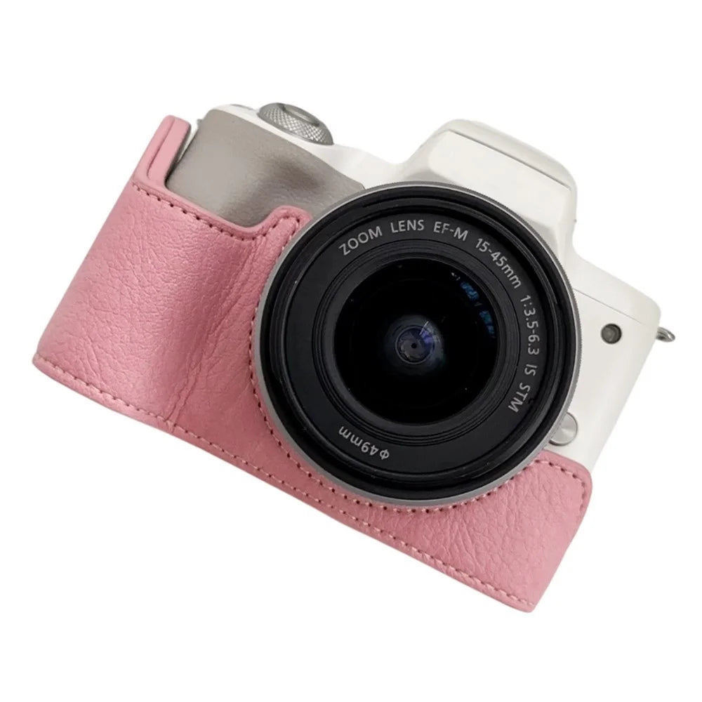 For Canon EOS M50 Mark II /  M50 / M5 Leather Camera Bag Half Body Case with Battery Opening Buffalo Texture- Pink - 2