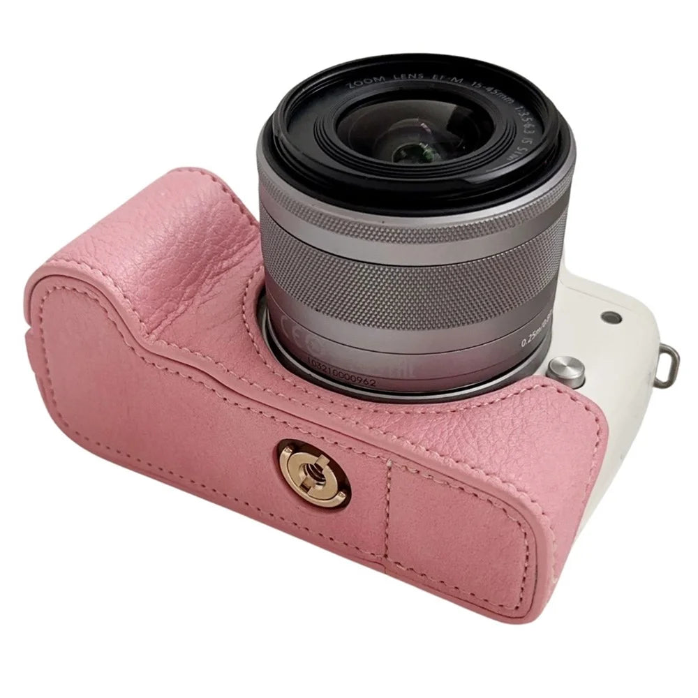 For Canon EOS M50 Mark II /  M50 / M5 Leather Camera Bag Half Body Case with Battery Opening Buffalo Texture- Pink - 3
