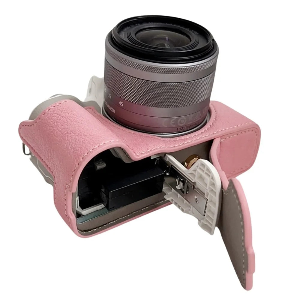 For Canon EOS M50 Mark II /  M50 / M5 Leather Camera Bag Half Body Case with Battery Opening Buffalo Texture- Pink - 4