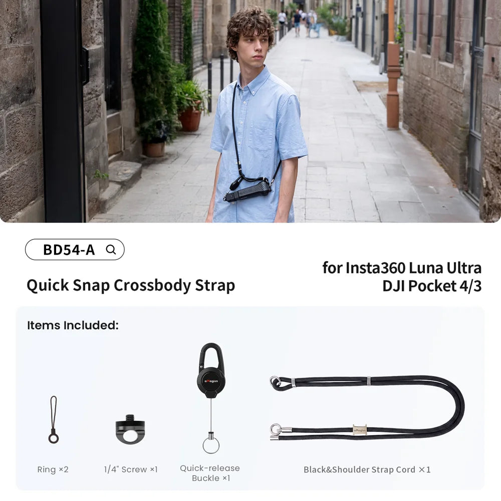 AMAGISN BD54 85cm Steel Wire Quick-Draw Sling Lanyard with 140cm Shoulder Strap for Insta360 Luna Ultra / DJI Pocket 4/3 - Black - 2