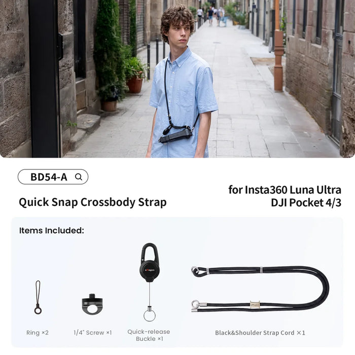 AMAGISN BD54 85cm Steel Wire Quick-Draw Sling Lanyard with 140cm Shoulder Strap for Insta360 Luna Ultra / DJI Pocket 4/3 - Black - 2