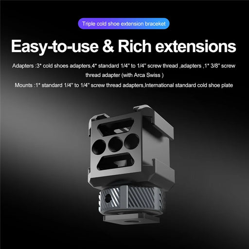 TELESIN TE-CEB-001 1/4 Screw Hole Three-Head Cold Shoe Mount Adapter SLR Mirrorless Camera LED Light Monitor Expansion Bracket - 2