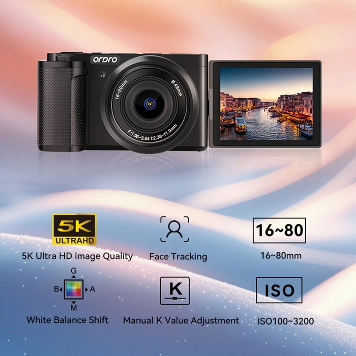 ORDRO G930 3.2 Inch IPS Touch Screen Camcorder Face Tracking 5K Ultra HD Digital Mirrorless Camera - Black - 7
