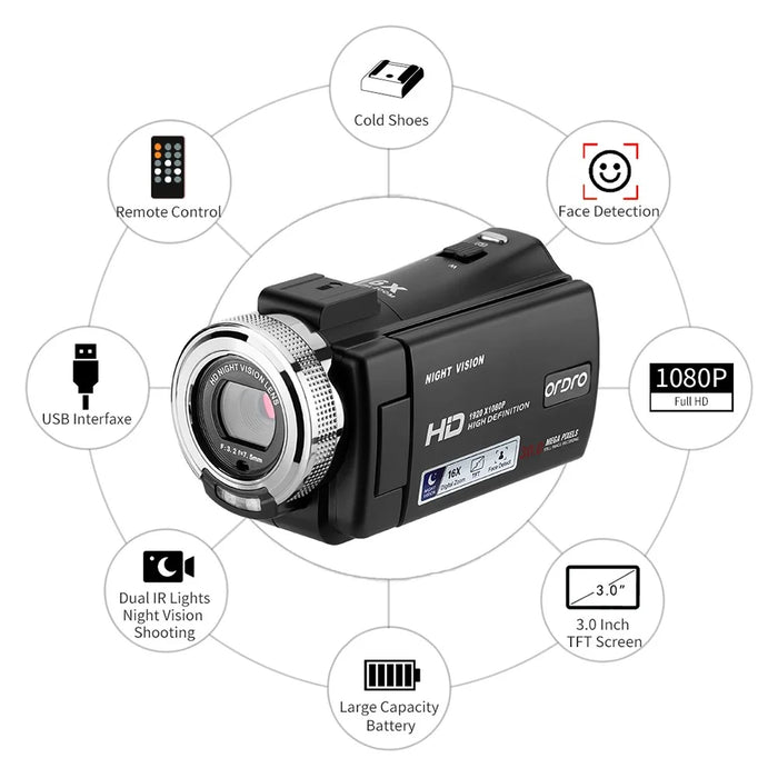 ORDRO V12 3.0 Inch 1080P Full HD Video Camera EU Plug Support Night Vision Vlogging Camera Recorder Home Camcorder - 7