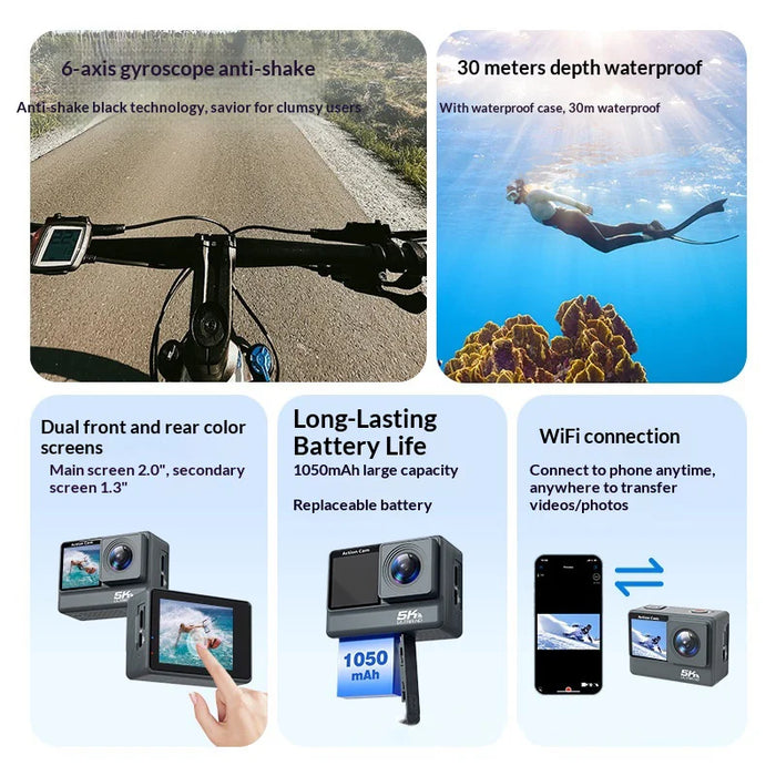 F308AATR 1.3 Inch Front + 2.0 Inch Rear Touch Screen Action Camera 6-axis Anti-Shake 5K HD Sports Camera with Waterproof Case - 4
