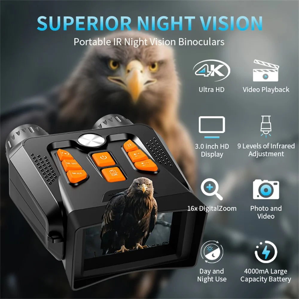 4K Night Vision Binoculars 3.0 Inch Screen 16X Digital Zoom 36MP Camera IR Infrared Digital Telescope for Outdoor Hunting (No Momery Card) - Black - 3