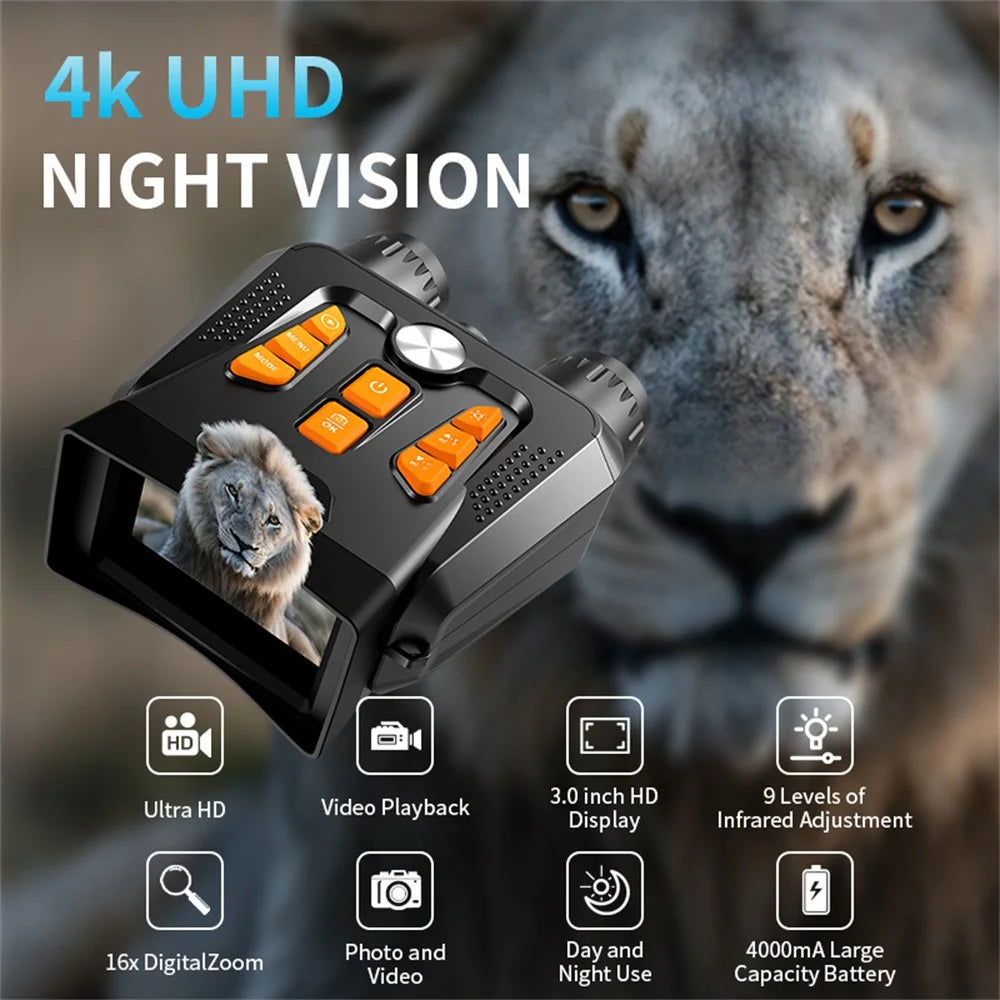 4K Night Vision Binoculars 3.0 Inch Screen 16X Digital Zoom 36MP Camera IR Infrared Digital Telescope for Outdoor Hunting (No Momery Card) - Black - 4