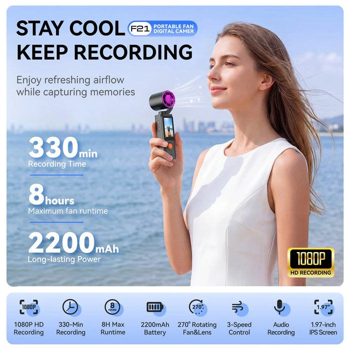 F21 2 in 1 Handheld Fan 1.9 Inch IPS Screen 1080P Camera 270 Degree Rotation for Vlog Outdoor Travel - Black - 2