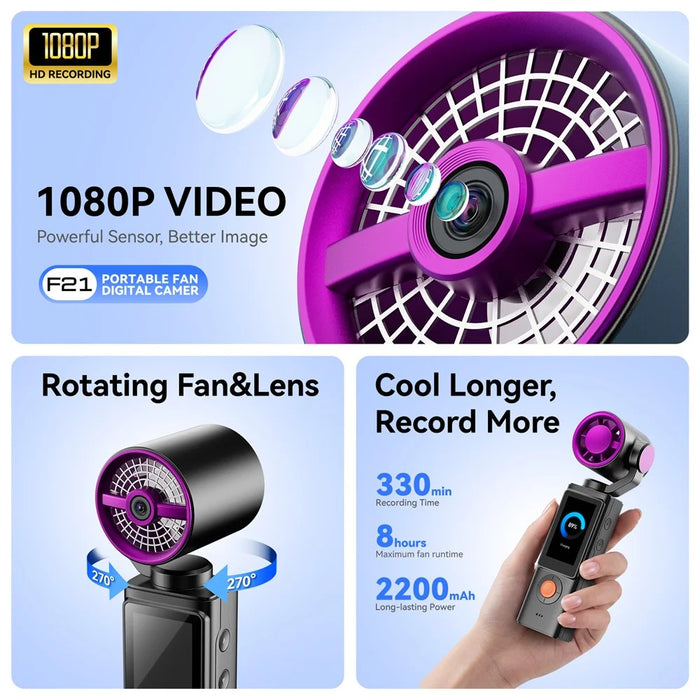 F21 2 in 1 Handheld Fan 1.9 Inch IPS Screen 1080P Camera 270 Degree Rotation for Vlog Outdoor Travel - Black - 3