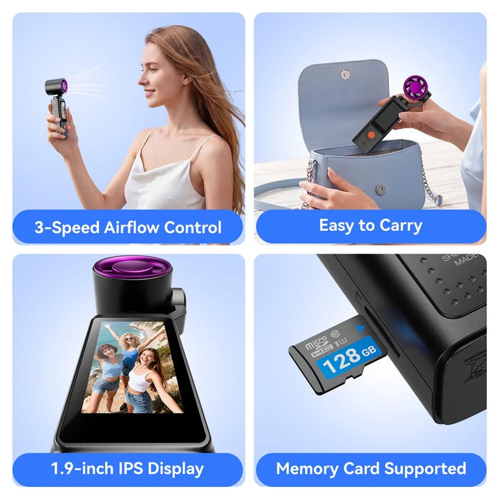 F21 2 in 1 Handheld Fan 1.9 Inch IPS Screen 1080P Camera 270 Degree Rotation for Vlog Outdoor Travel - Black - 4