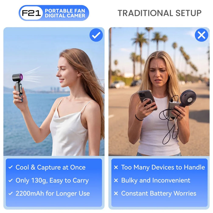 F21 2 in 1 Handheld Fan 1.9 Inch IPS Screen 1080P Camera 270 Degree Rotation for Vlog Outdoor Travel - Black - 6