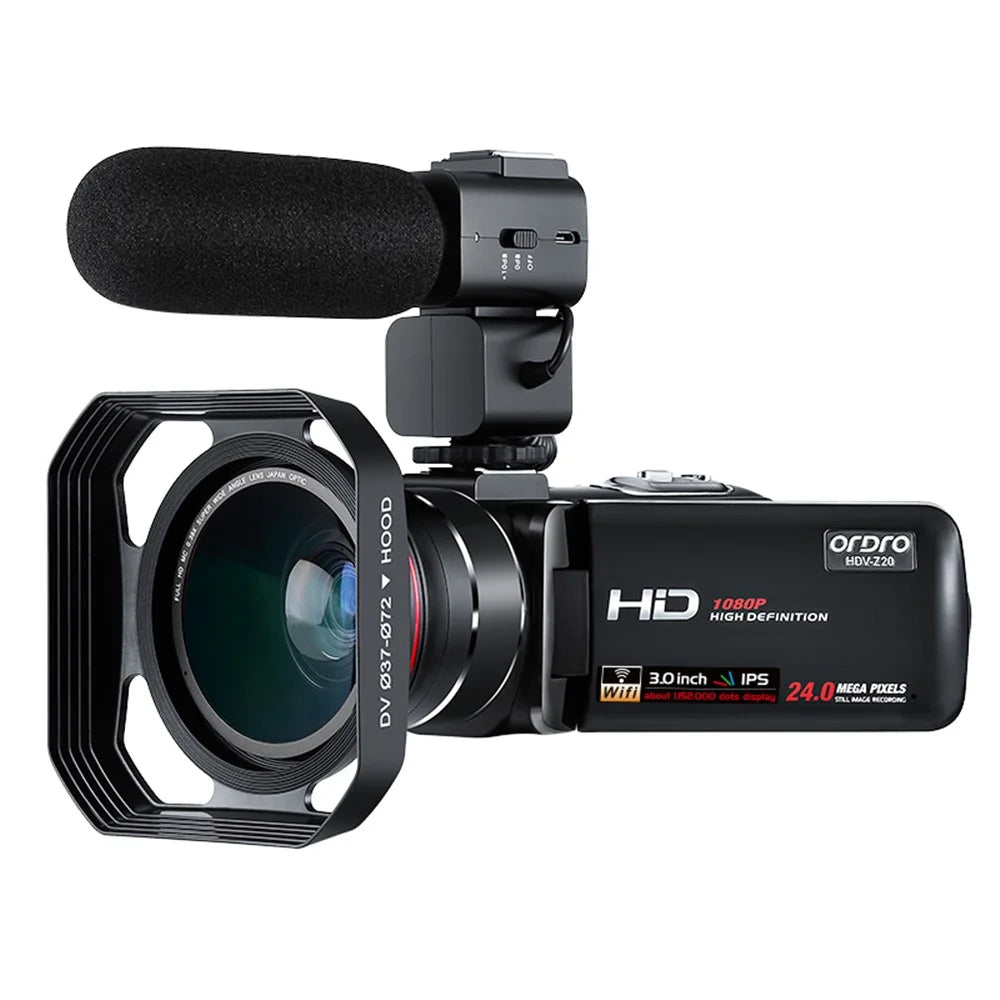 ORDRO Z20 3.0-inch 1080P HD Video Camera Night Vision Digital Camcorder with Microphone and Lend Hood - US Plug - 1
