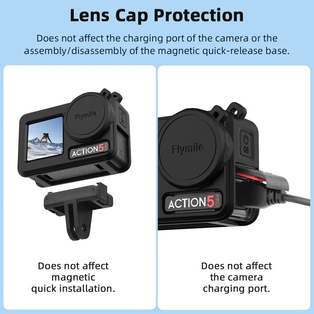 FLYMILE For DJI Osmo Action 5 Pro Silicone Case Protective Cover with Lens Cap +  Straps - Black - 4