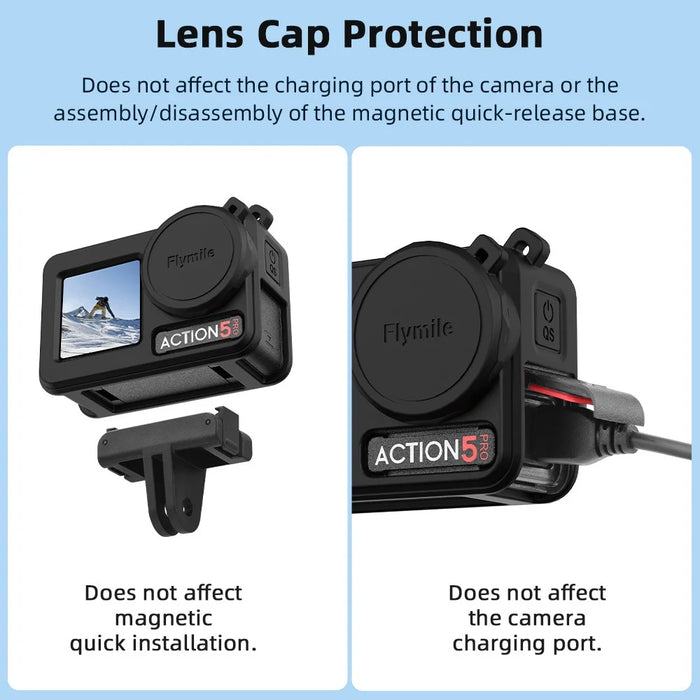 FLYMILE For DJI Osmo Action 5 Pro Silicone Case Protective Cover with Lens Cap +  Straps - Black - 4