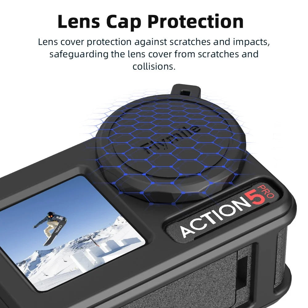 FLYMILE For DJI Osmo Action 5 Pro Silicone Case Protective Cover with Lens Cap +  Straps - Black - 5