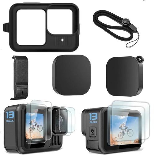 For GoPro Hero 13 Black Tempered Glass Screen Protector Lens Film with Silicone Cover and Wrist Strap Accessories Kit - 1