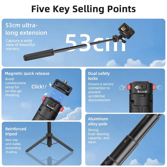 FLYMILE Magnetic Quick Release Tripod Stand 53cm Extended Pole for Action Cameras - 3