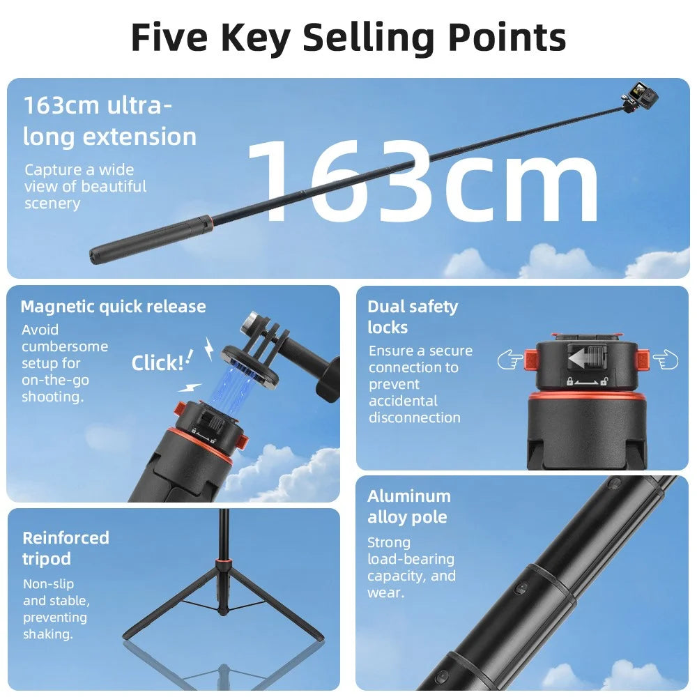 FLYMILE 163cm Magnetic Tripod Quick Release Extended Pole for Action Cameras - 3