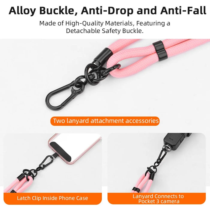 2Pcs / Set For DJI Osmo Pocket 3 Dual Buckle Design Adjustable Crossbody Strap with Wrist Lanyard - Pink - 5