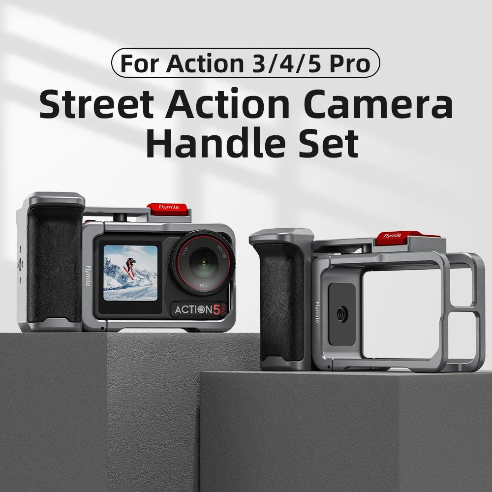 FLYMILE Action Camera Handle for DJI Osmo Action 5 Pro / 4 / 3 Rabbit Cage Shutter Button with Hand Rope Set - 2