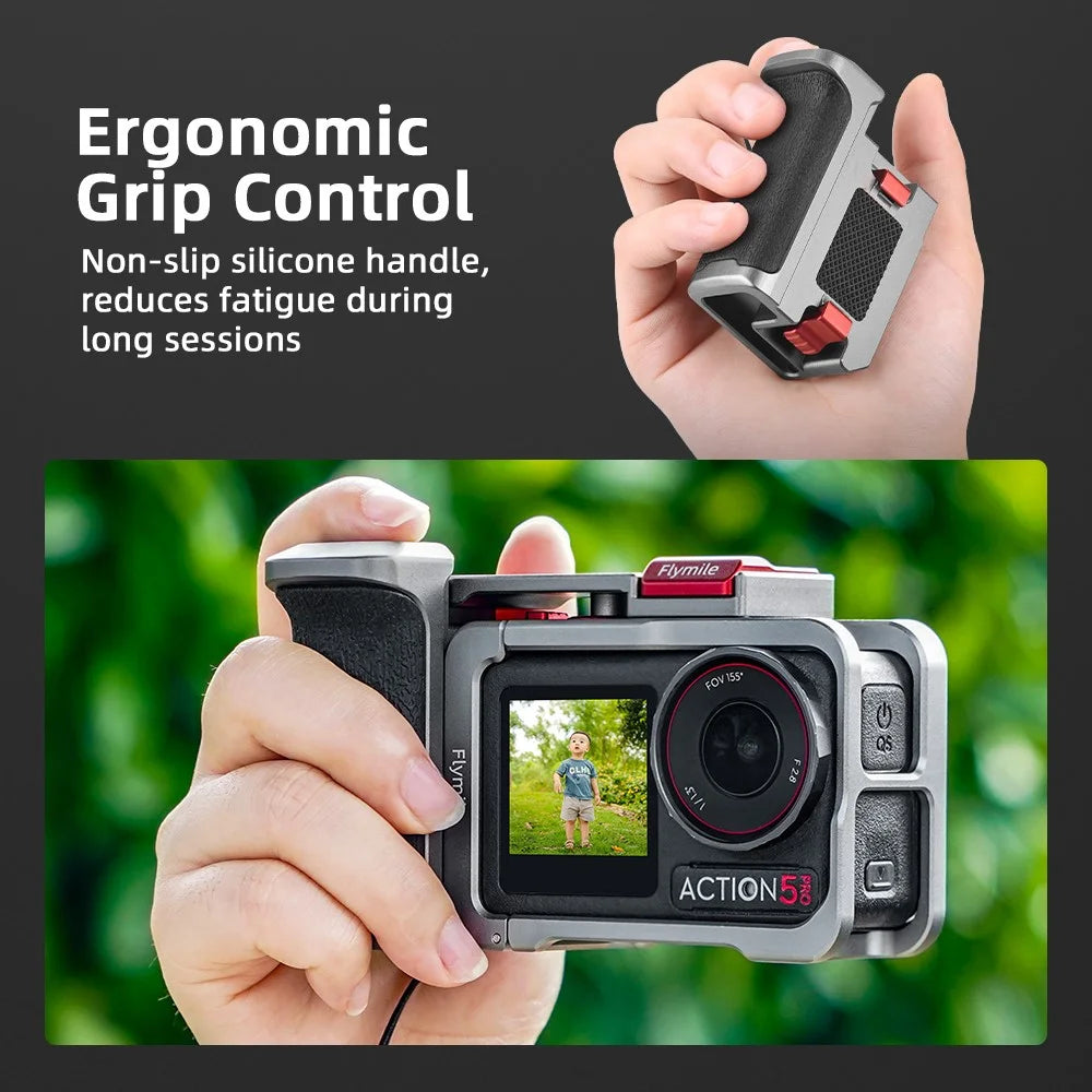FLYMILE Action Camera Handle for DJI Osmo Action 5 Pro / 4 / 3 Rabbit Cage Shutter Button with Hand Rope Set - 5