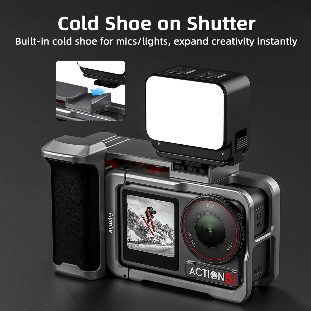 FLYMILE Action Camera Handle for DJI Osmo Action 5 Pro / 4 / 3 Rabbit Cage Shutter Button with Hand Rope Set - 6