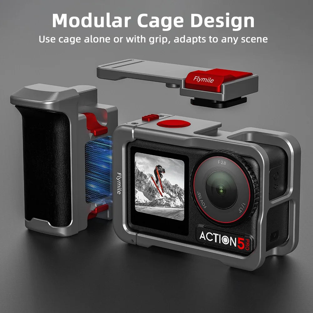 FLYMILE Action Camera Handle for DJI Osmo Action 5 Pro / 4 / 3 Rabbit Cage Shutter Button with Hand Rope Set - 7