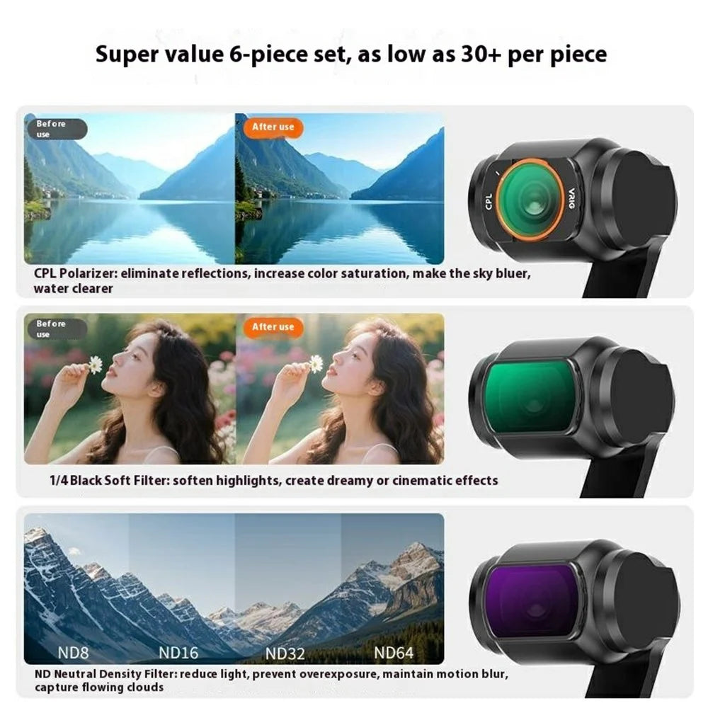 VRIG FT-04 6Pcs For DJI Osmo Pocket 3 Magnetic Quick Release Filter Set with CPL ND8 ND16 ND32 ND64 1 / 4 Black Diffusion Filter - 3