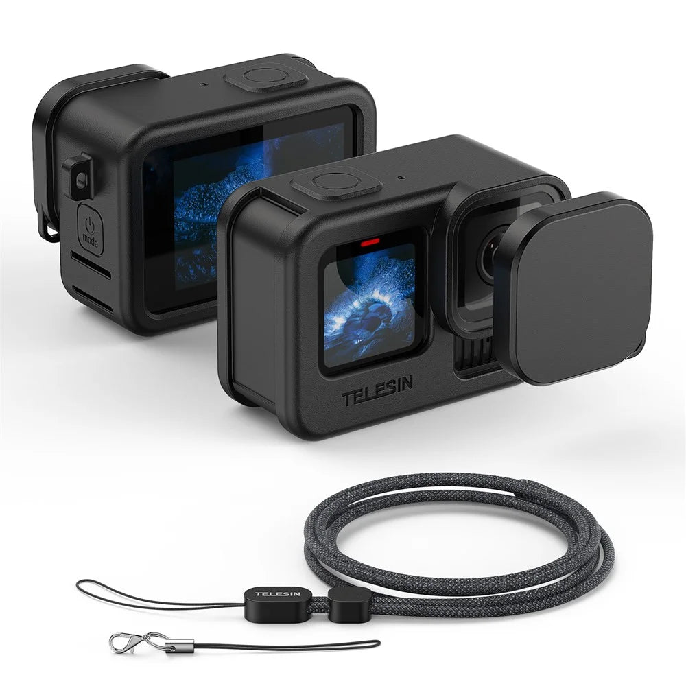 TELESIN S6-PTC-010-TGP Silicone Protective Case For GoPro Hero 13 / 12 / 11 / 10 / 9 Lens Cap Shockproof Cover with Neck / Wrist Strap - Black - 1