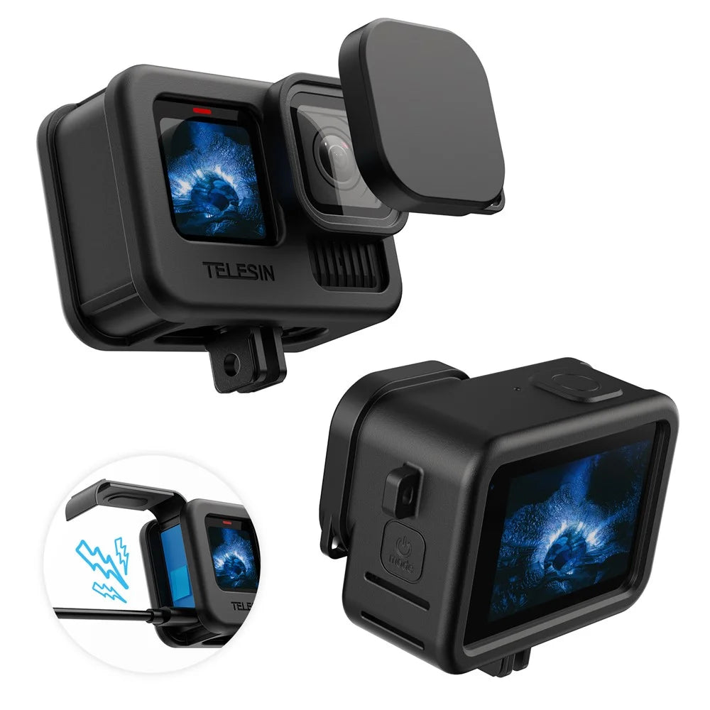 TELESIN S6-PTC-010-TGP Silicone Protective Case For GoPro Hero 13 / 12 / 11 / 10 / 9 Lens Cap Shockproof Cover with Neck / Wrist Strap - Black - 2