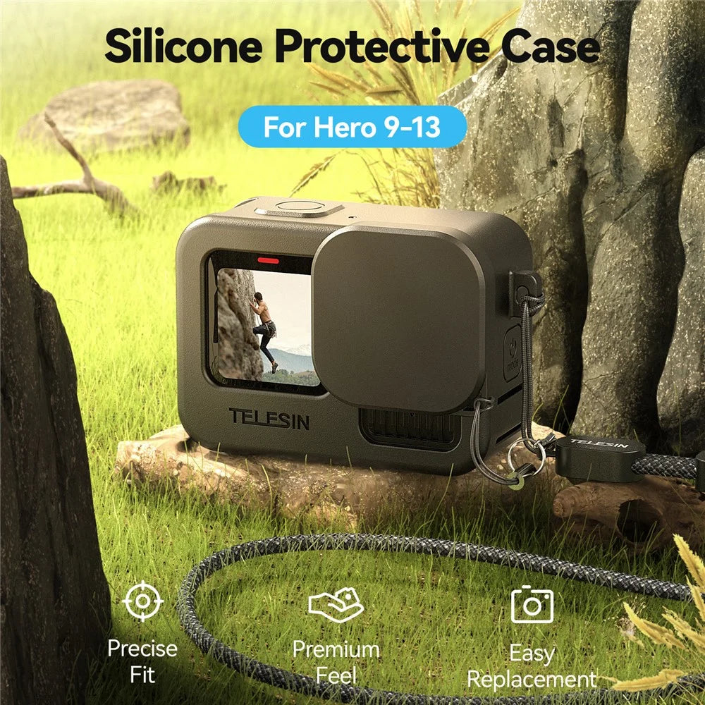 TELESIN S6-PTC-010-TGP Silicone Protective Case For GoPro Hero 13 / 12 / 11 / 10 / 9 Lens Cap Shockproof Cover with Neck / Wrist Strap - Black - 3
