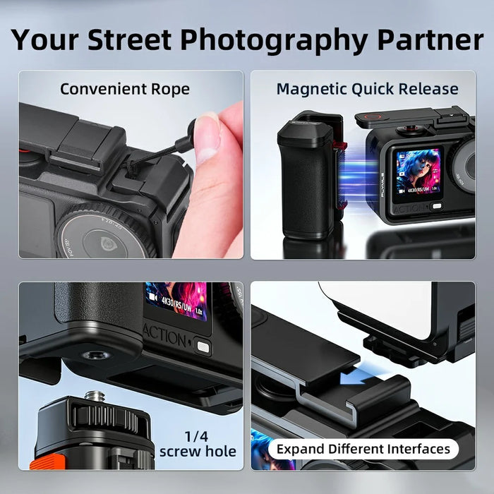 FLYMILE For DJI Osmo Action 6 Street Photography Handle Set Modular Design Magnetic Quick Release Cold Shoe Mount - Black - 3