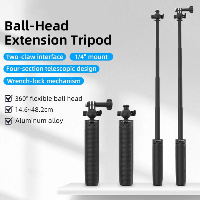 FLYMILE Action Camera Extension Tripod with 1 / 4 Interface, Ball Head 360-Degree Adjustable Telescopic Stand - Black - 2