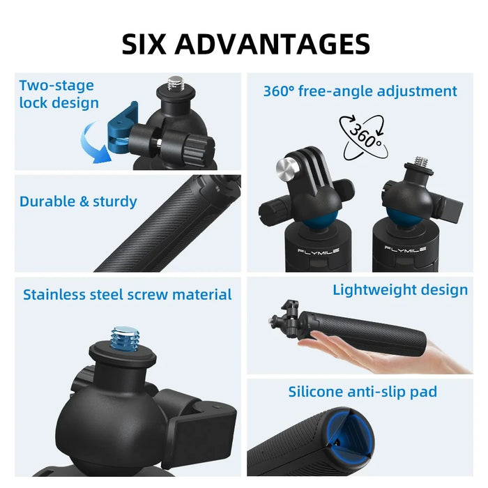 FLYMILE Action Camera Extension Tripod with 1 / 4 Interface, Ball Head 360-Degree Adjustable Telescopic Stand - Black - 3
