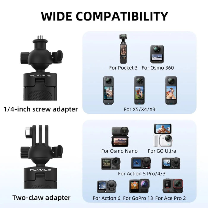 FLYMILE Action Camera Extension Tripod with 1 / 4 Interface, Ball Head 360-Degree Adjustable Telescopic Stand - Black - 5