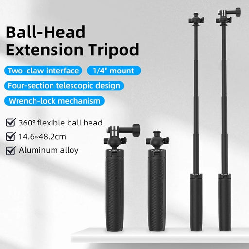 FLYMILE Action Camera Extension Tripod with Two-Claw Adapter, Ball Head 360 Degree Adjustable Telescopic Stand - Black - 2