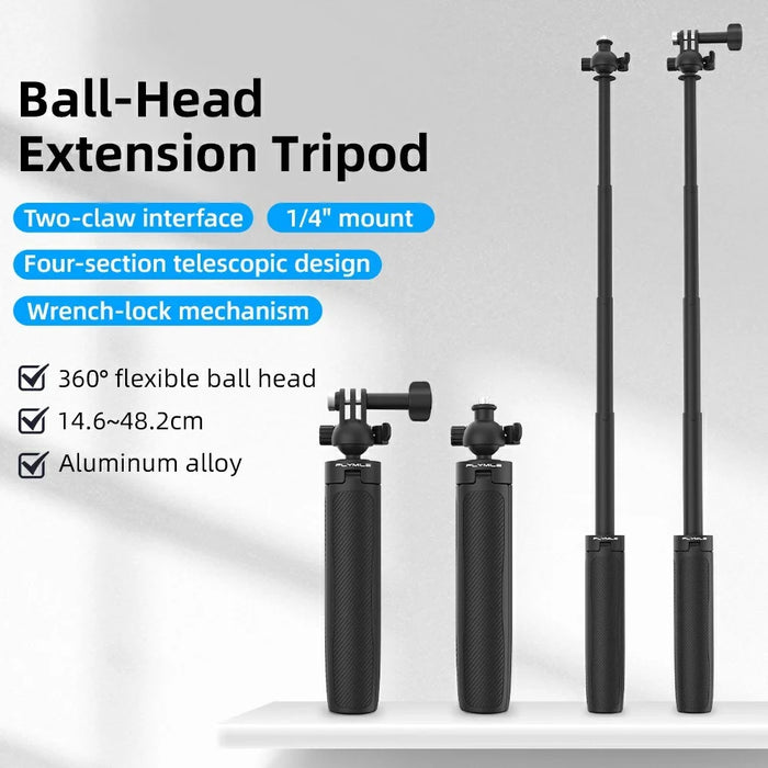 FLYMILE Action Camera Extension Tripod with Two-Claw Adapter, Ball Head 360 Degree Adjustable Telescopic Stand - Black - 2